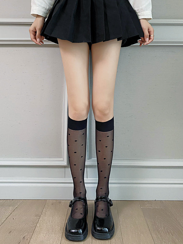 LS Kaos Kaki Putih Renda Panjang Polos & Bermotif Tipis Fashion Wanita Lucu All Size 8429 Stocking Korean Style Hitam Cute