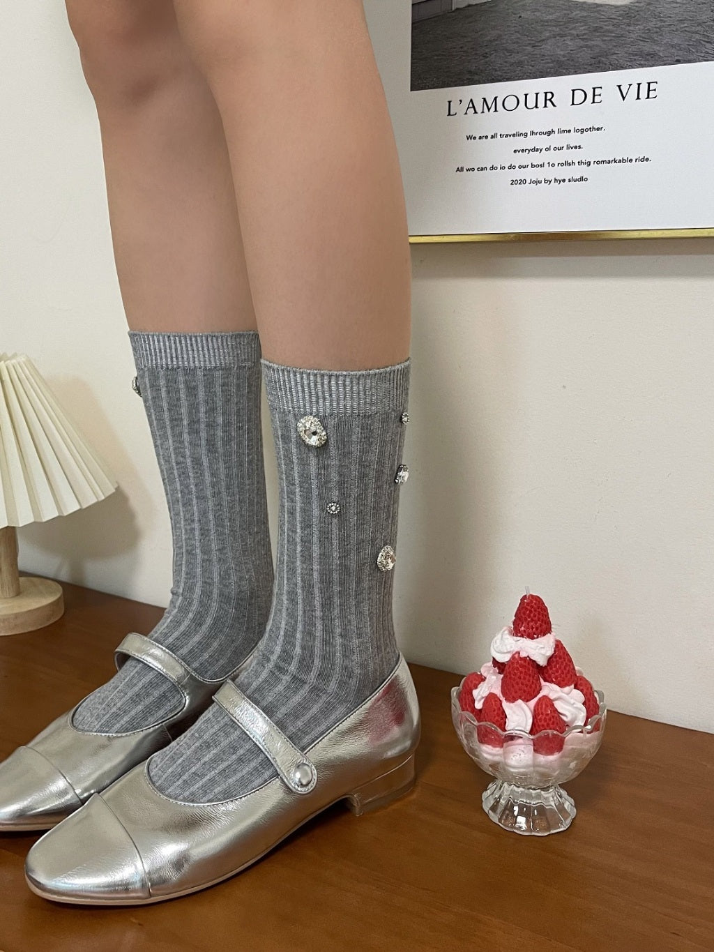 Plain Rhinestone Ribbed Socks 8845