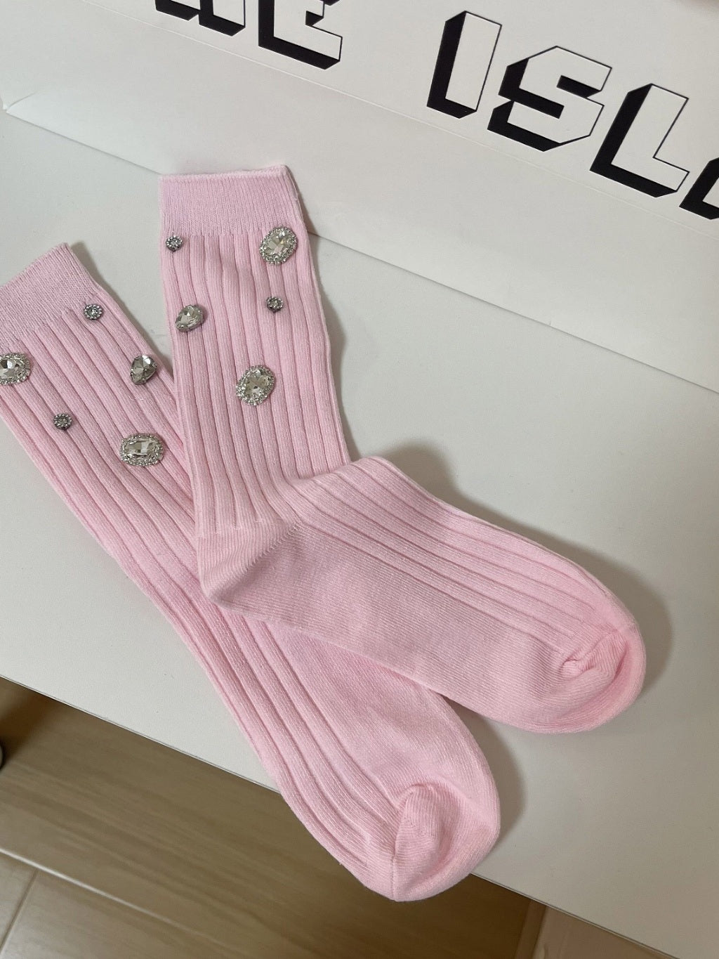 Plain Rhinestone Ribbed Socks 8845