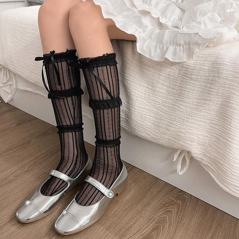 Women's Bow Ruffled Mesh Tall Socks 8443