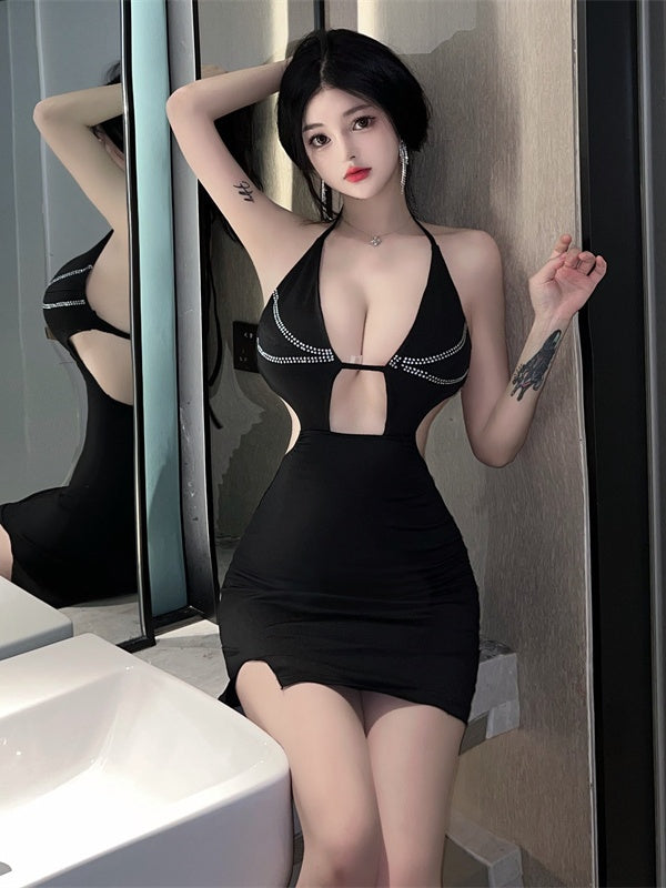 LS Bodycon Mini Dress Wanita Elegant Polos Hollow Halter Neck (S/M/L) 8521 Pakaian Party Fashion Tanpa Lengan With Side Slit