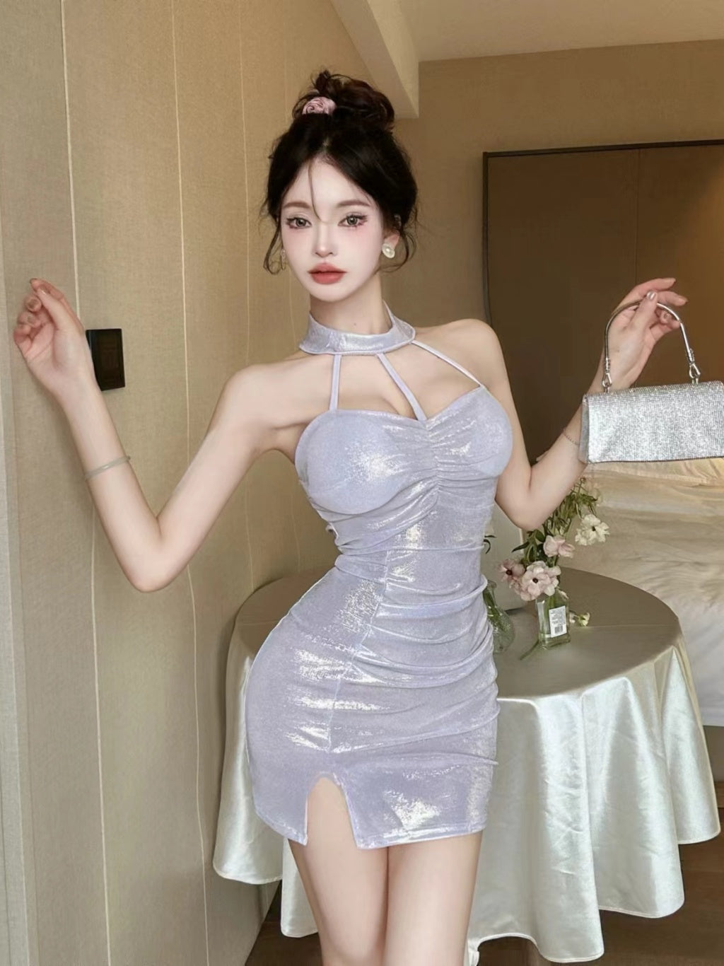 LS Bodycon Mini Dress Polos Mengkilap Halter Neck Dengan Detail Kerut ( S/M/L ) 8665 Pakaian Party Women Tanpa Lengan Shinning
