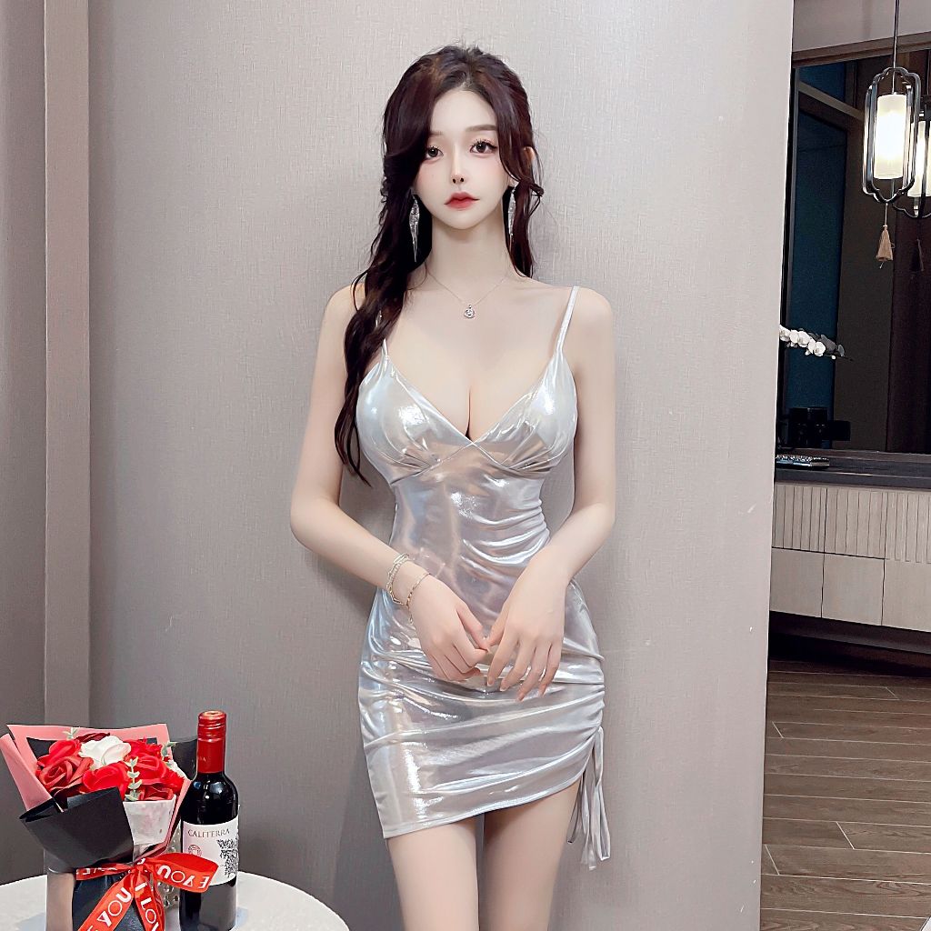 Women Bodycon Mini Dress Tank Surplice Drawstring 8664 ( S/M/L )