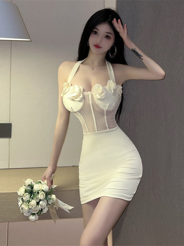 LS Bodycon Mini Dress Elegan Polos Halter Neck Dengan Hiasan Bunga (S/M/L) 8605 Pakaian Women Party Fashion Premium Tanpa Lengan