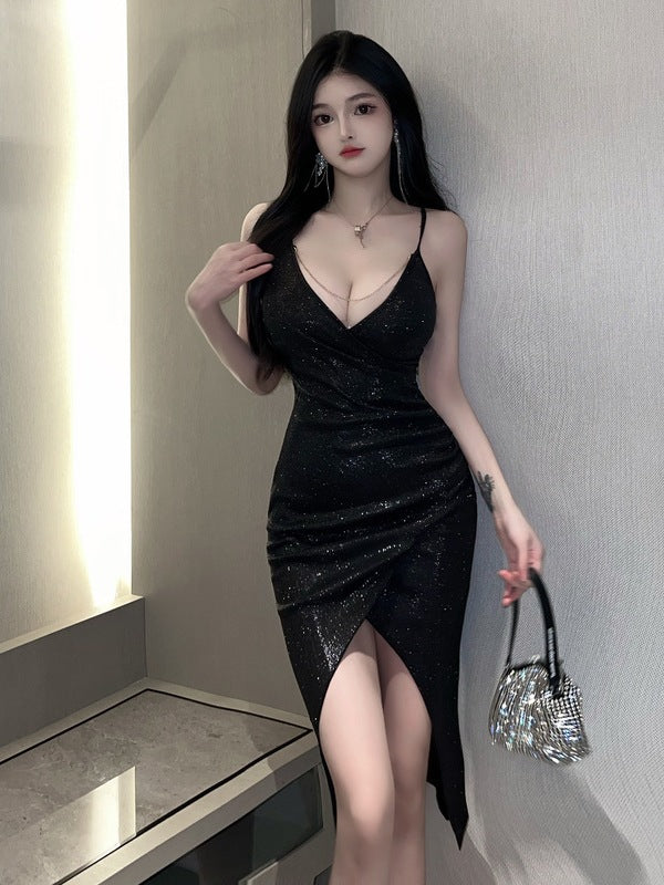 LS Bodycon Midi Dress Glitter Polos V-Neck Tanpa Lengan Sexy Elegant (S/M/L) 8666 Pakaian Party Mengkilap Spaghetti Strap