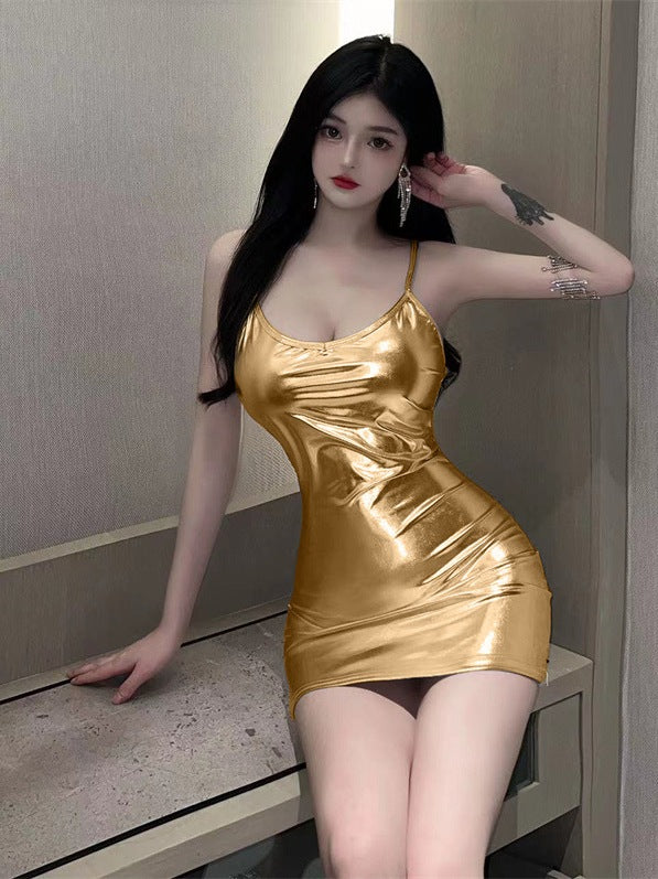 Mini Dress Spaghetti Strap Wrap Hip Metalic 8671