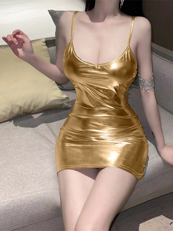 Mini Dress Spaghetti Strap Wrap Hip Metalic 8671