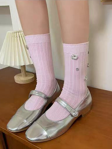 Plain Rhinestone Ribbed Socks 8845