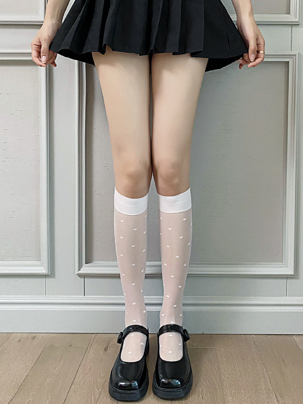 LS Kaos Kaki Putih Renda Panjang Polos & Bermotif Tipis Fashion Wanita Lucu All Size 8429 Stocking Korean Style Hitam Cute