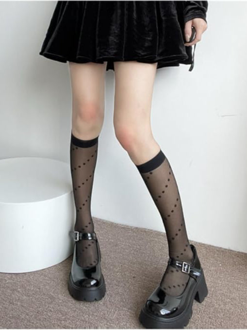 LS Kaos Kaki Putih Renda Panjang Polos & Bermotif Tipis Fashion Wanita Lucu All Size 8429 Stocking Korean Style Hitam Cute