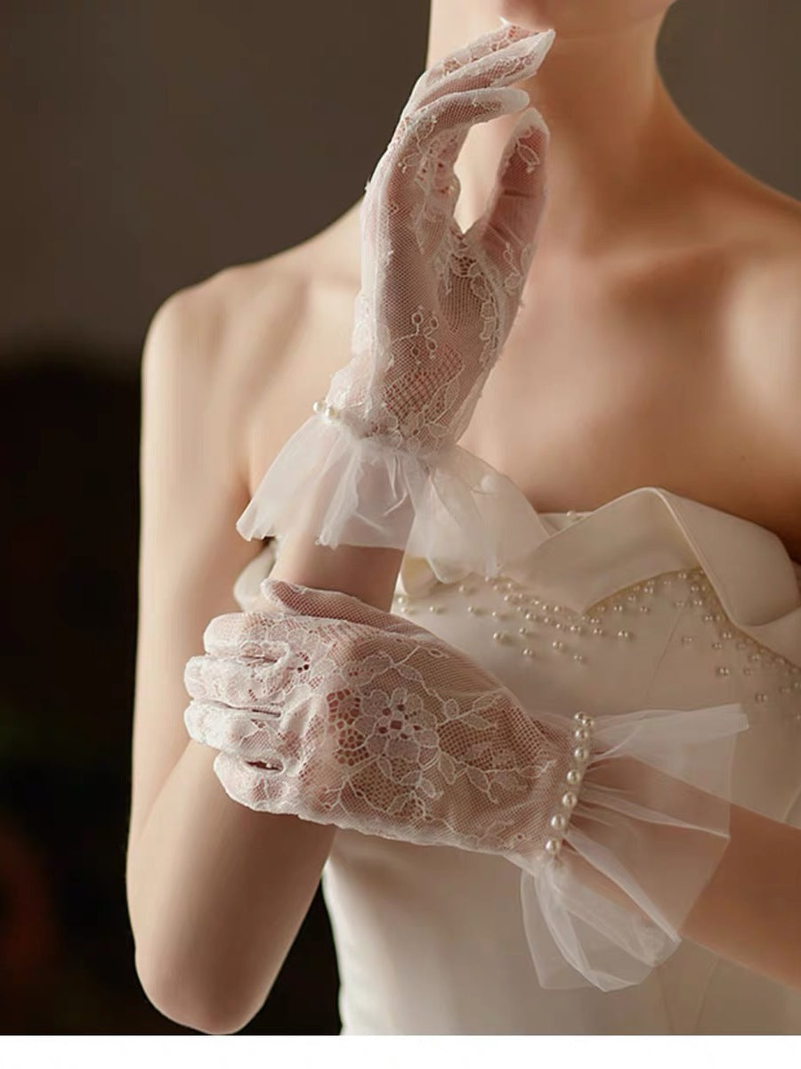 LS Sarung Tangan Wanita Polos Transparan Motif Renda Aksesoris Mutiara All Size 8942 Women Gloves Full Finger Pendek Fashion Lolita