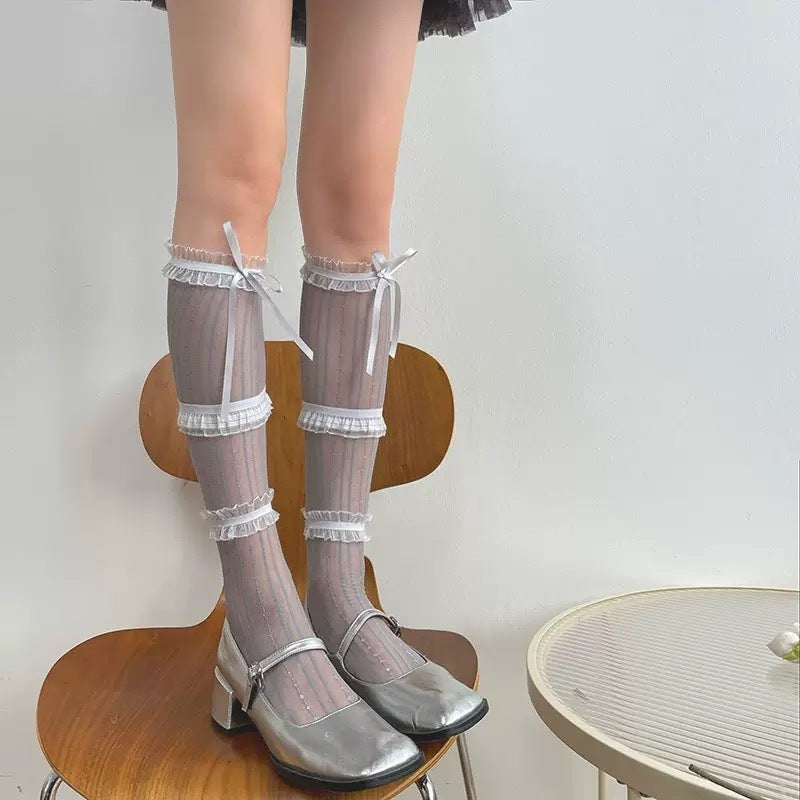 Women's Bow Ruffled Mesh Tall Socks 8443