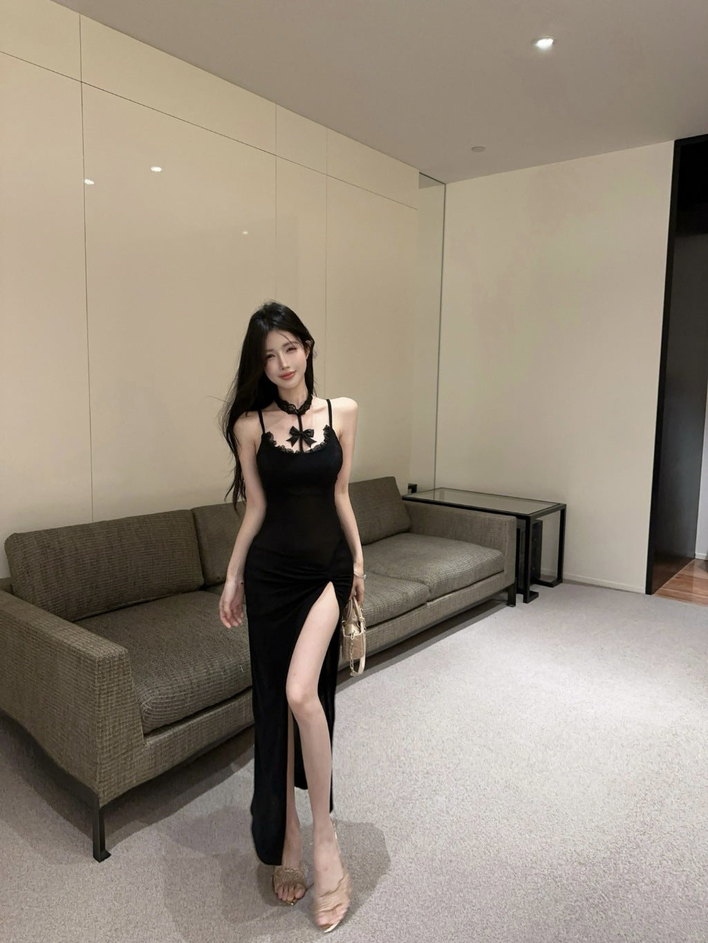 Women's Dress Lace High Neck Halter Ribbons Sleeveless  L006