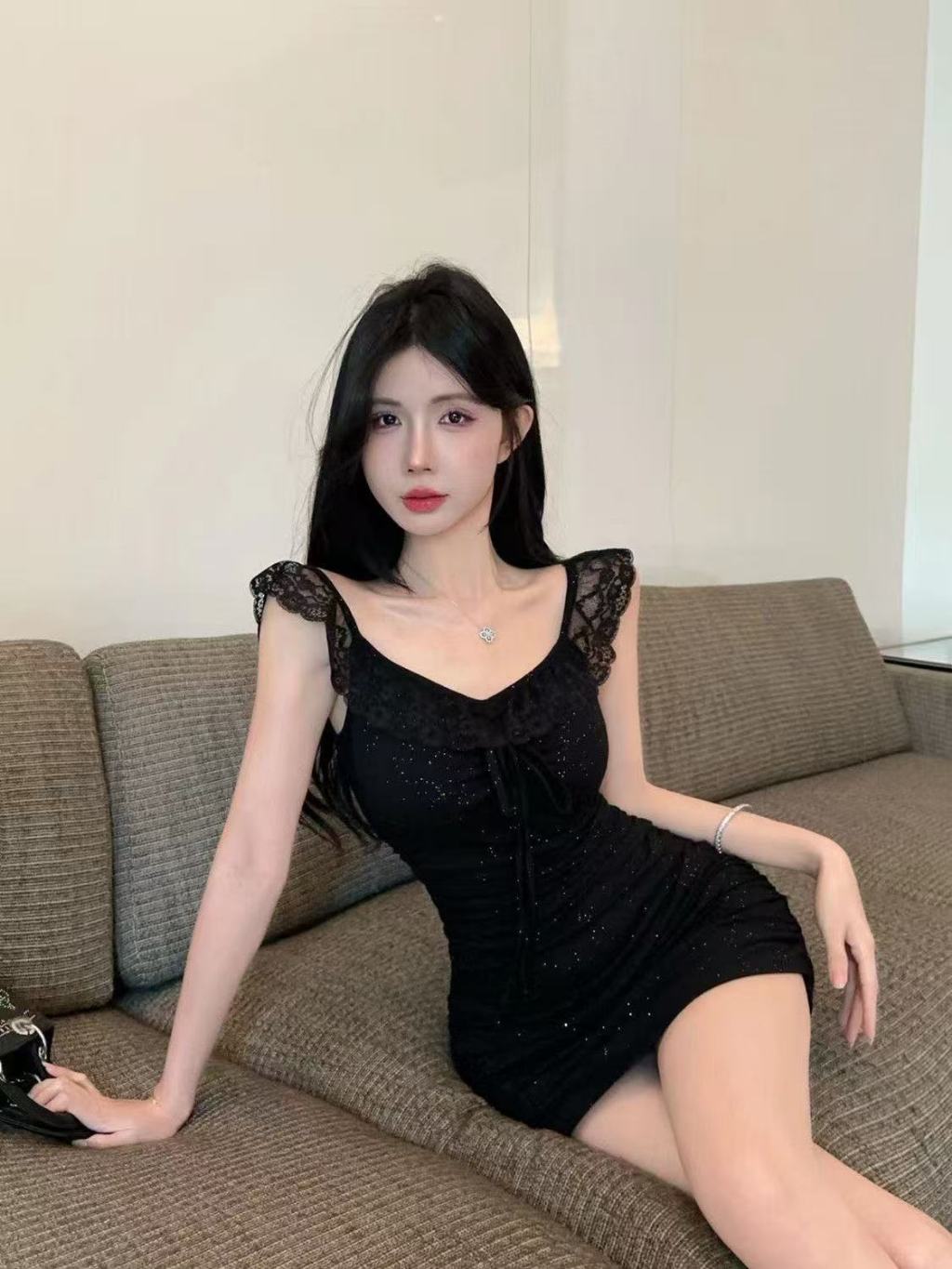 Off Shoulder Glitter Lace Trim Mini Bodycon Dress L020