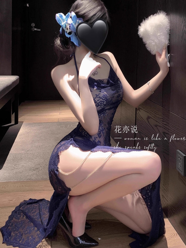Women's Elegant Lingerie Lace Transparant Cheongsam Style Sleeveless P054