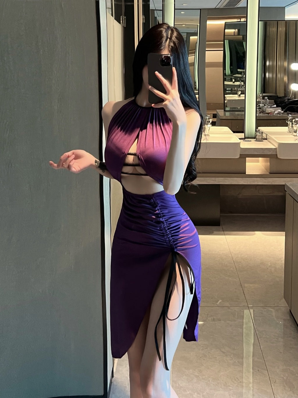 Women V-Neck Slit Tunic Slim Casual Midi Dress Sleeveless Backless Dress L005