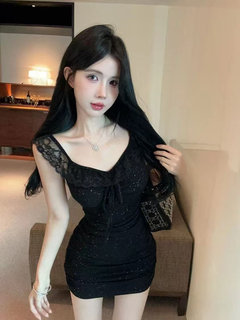 Off Shoulder Glitter Lace Trim Mini Bodycon Dress L020