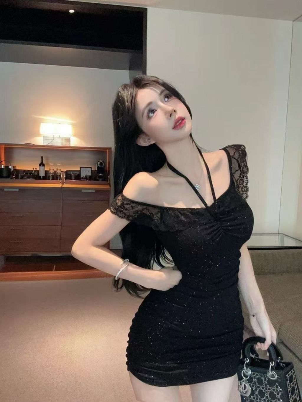 Off Shoulder Glitter Lace Trim Mini Bodycon Dress L020