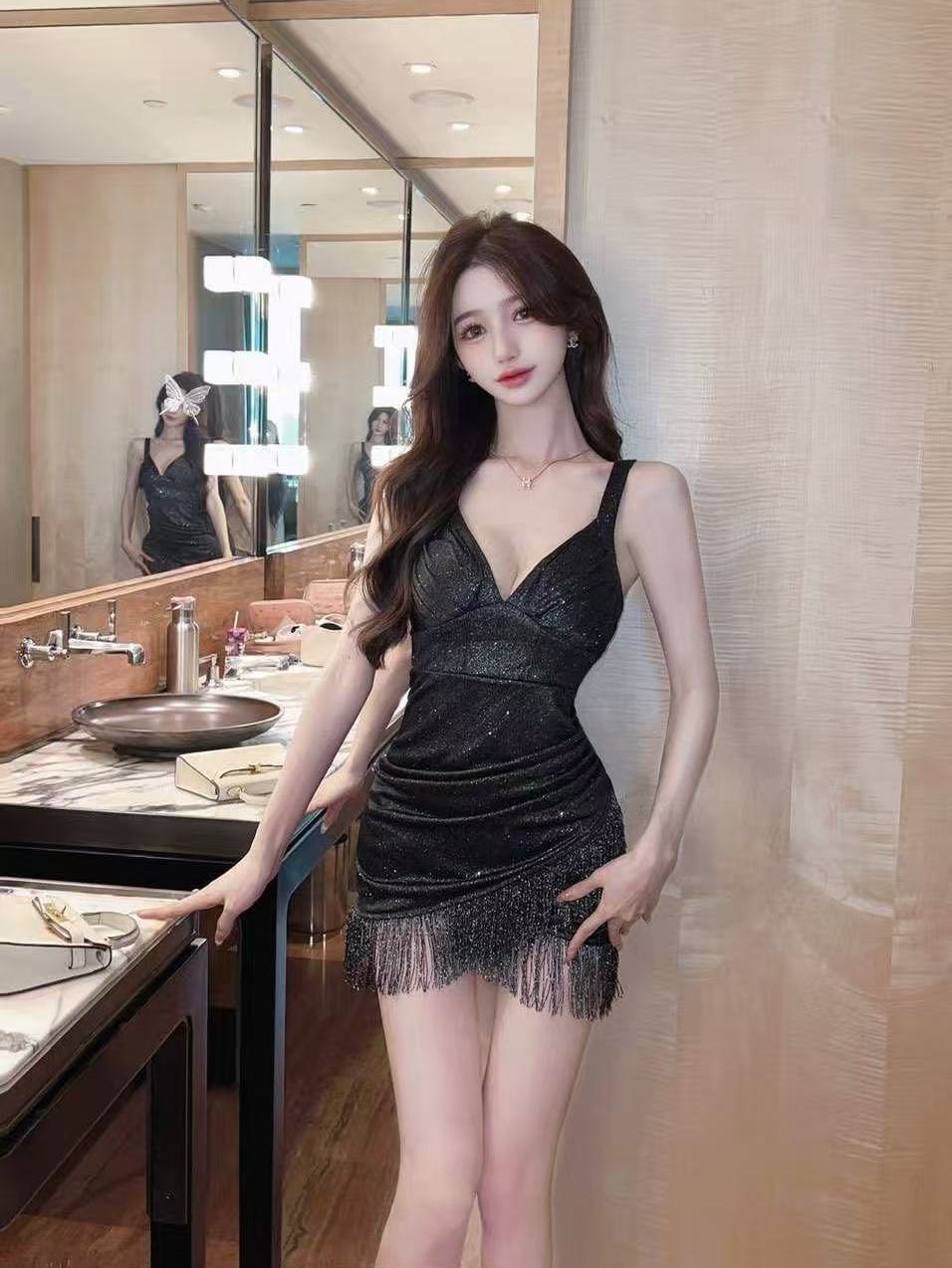 Women's Elegant Sleeveless V-Neck Fringed Mini Evening Gown L022 (S/M/L)