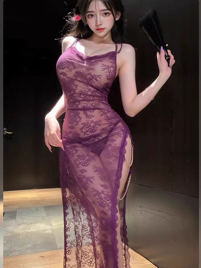 Women's Elegant Lingerie Lace Transparant Cheongsam Style Sleeveless P054