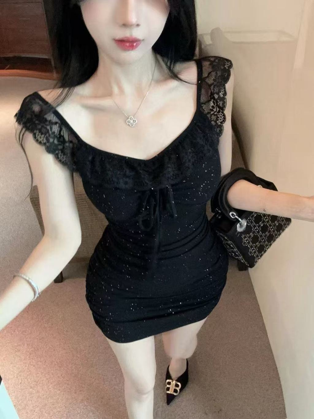 Off Shoulder Glitter Lace Trim Mini Bodycon Dress L020
