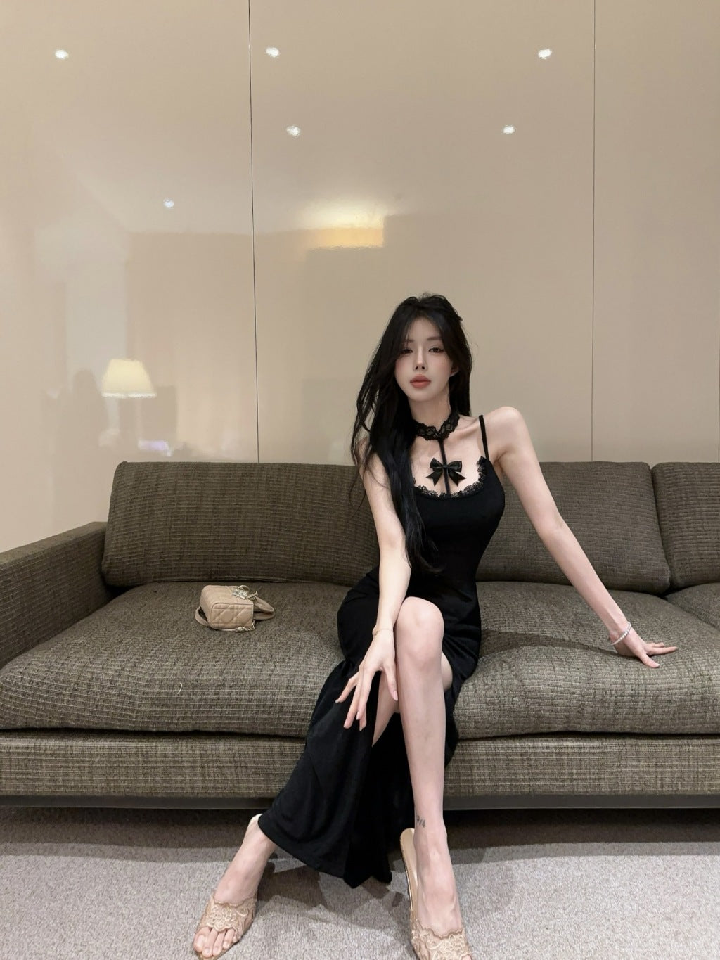 Women's Dress Lace High Neck Halter Ribbons Sleeveless  L006