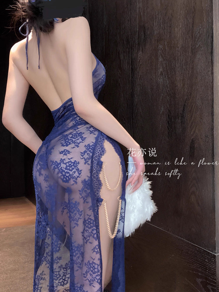 Women's Elegant Lingerie Lace Transparant Cheongsam Style Sleeveless P054