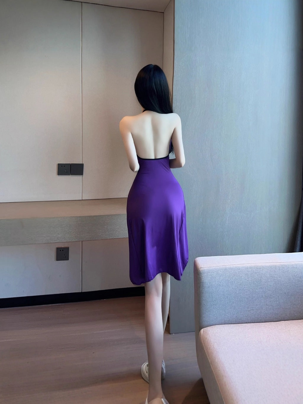 Women V-Neck Slit Tunic Slim Casual Midi Dress Sleeveless Backless Dress L005