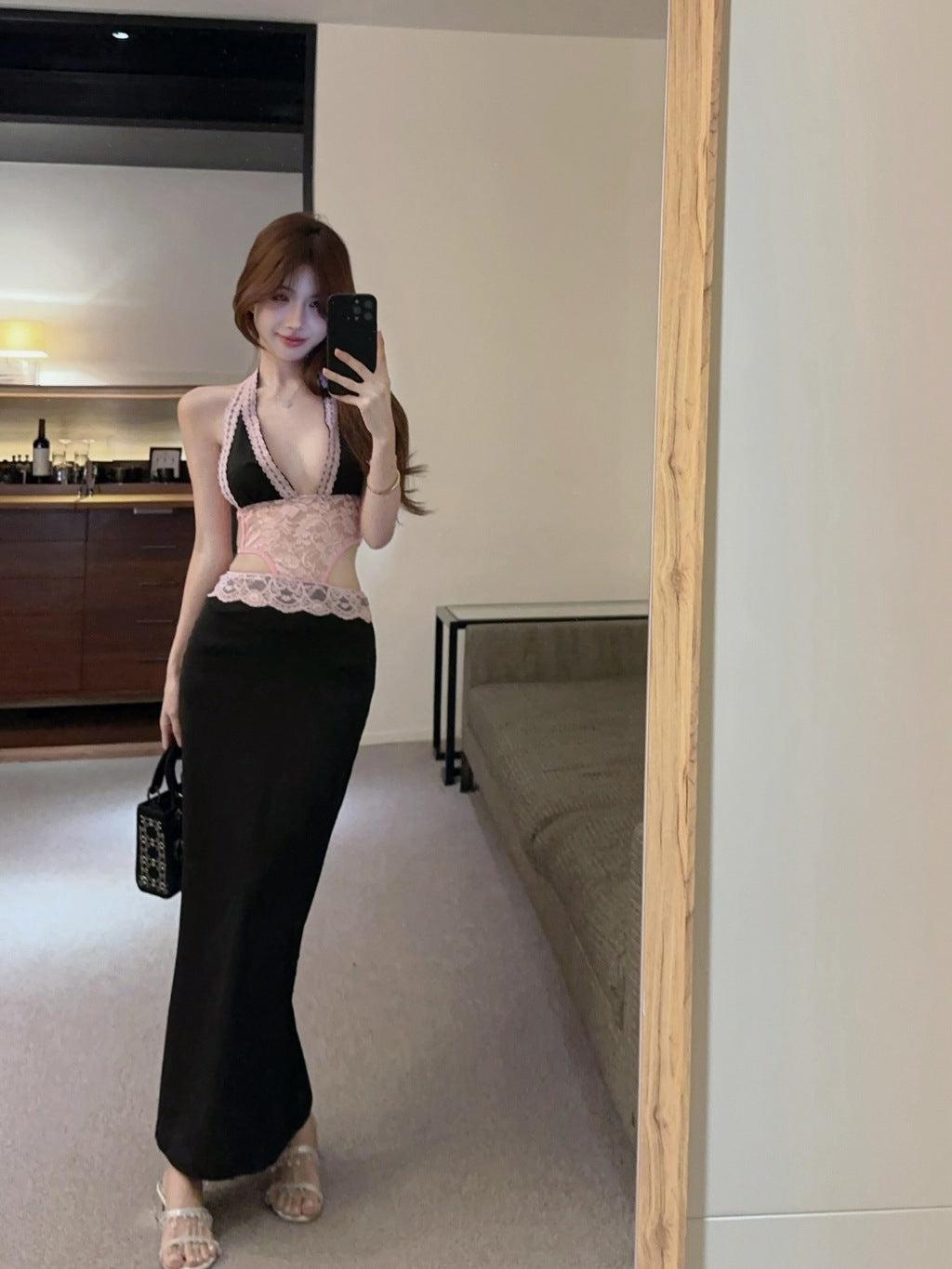Dresses Women's Chic Suspender Dress Sheer Lace Accents Slit L011