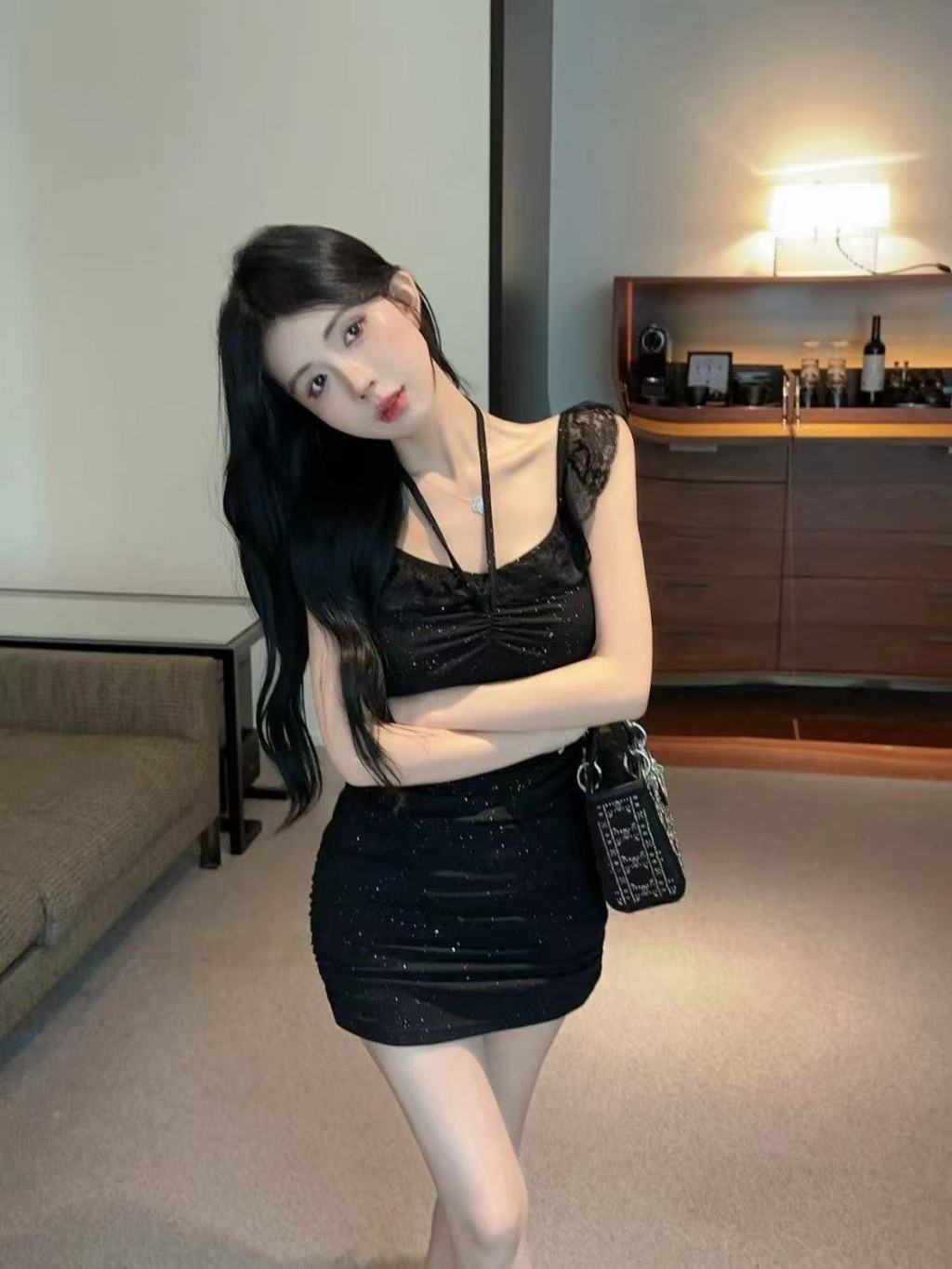 Off Shoulder Glitter Lace Trim Mini Bodycon Dress L020