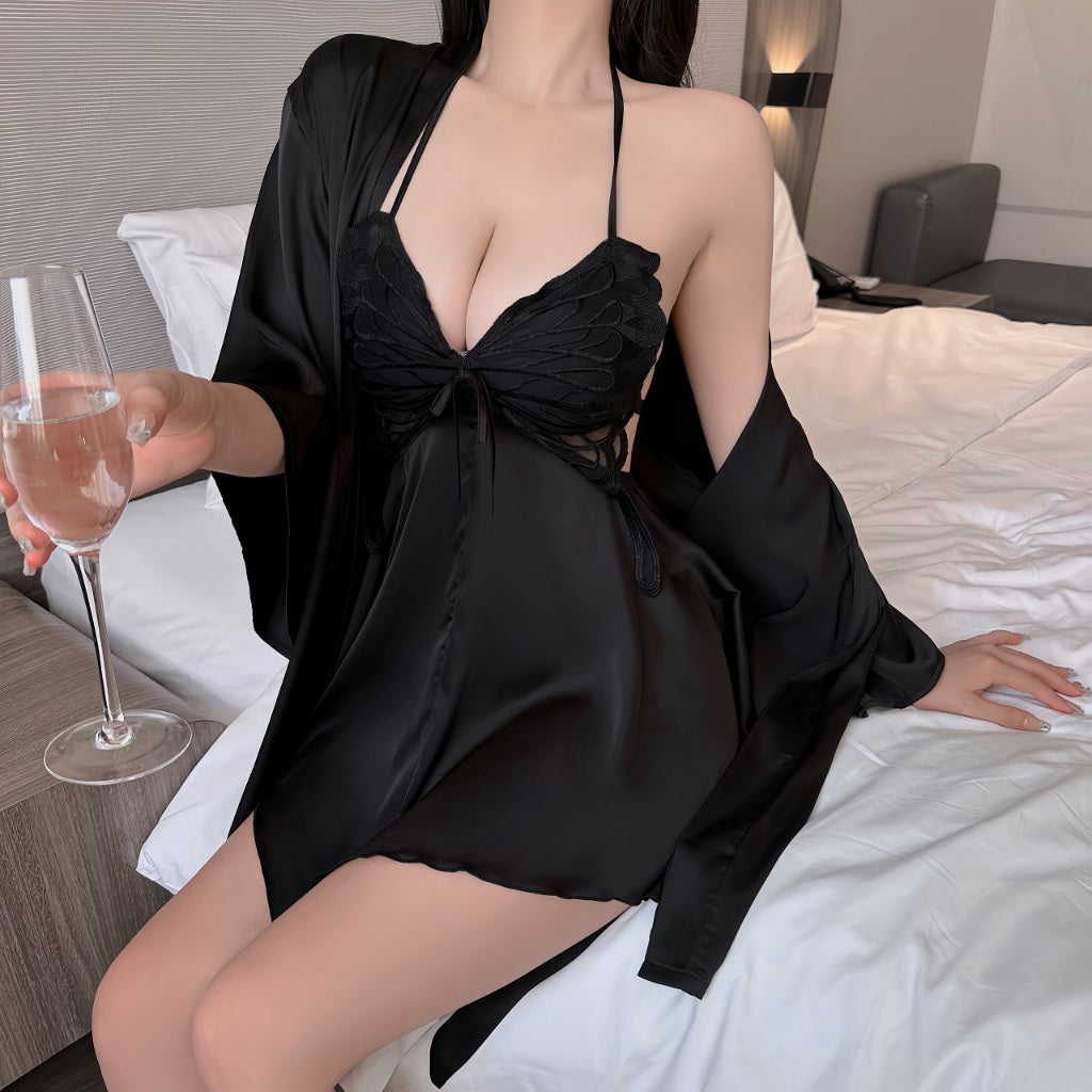 Women's Babydoll Lingerie Satin Kimono Butterflies Backless V-neck L045