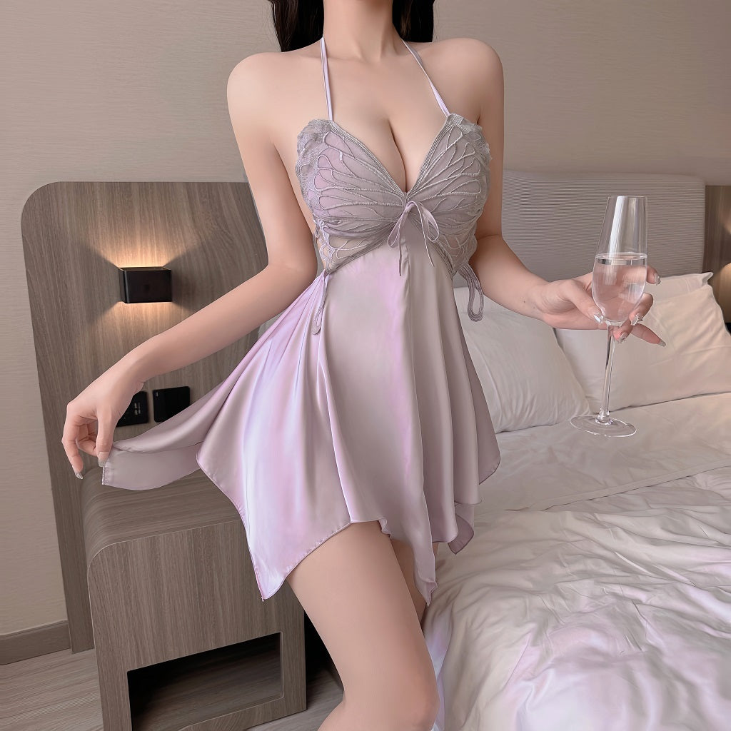 Women's Babydoll Lingerie Satin Kimono Butterflies Backless V-neck L045