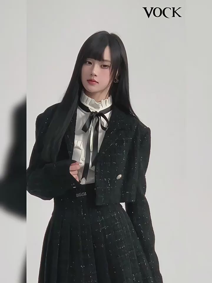 VOCK 暗黑千金 富家精致感新年小香风外套装百褶裙内搭白衬衫名媛